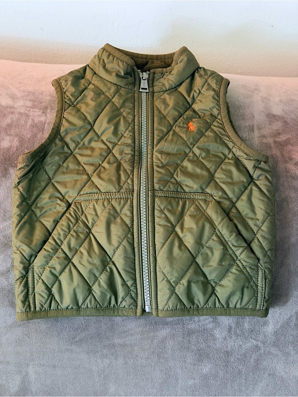 Polo by Ralph Lauren Olive Quilted Kids Vest with Orange Pony